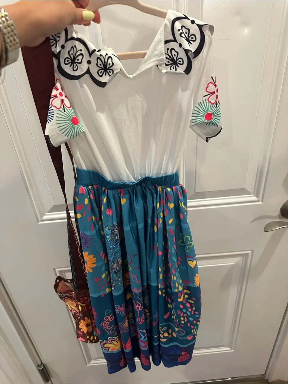 Encanto Mirabel Vibrant Floral Midi Dress with Teal Skirt costume with purse
